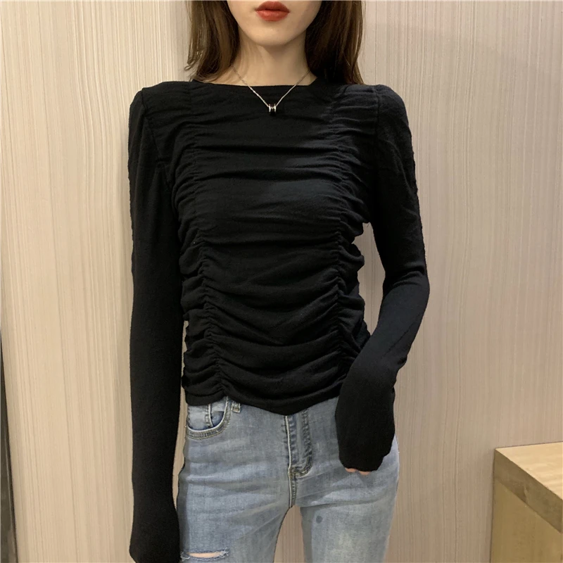 pullovers meninas chique enrugado fino camisola topo de colheita para a mulher