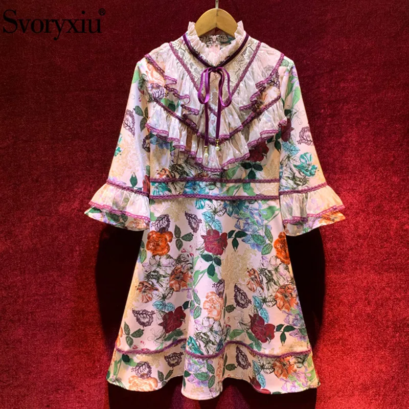 Svoryxiu High End Винтаж Платье с цветочным принтом Для женщин Flare SleeveTiered кружевным