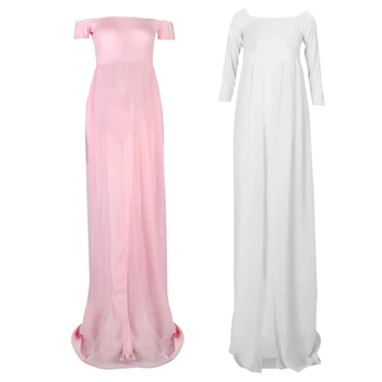 

2 Pcs Maternity Photography Boat Neck Dress Pregnant Off Shoulder Stretch Cotton Chiffon Patchwork Dress, Pink M Short Sleeve &