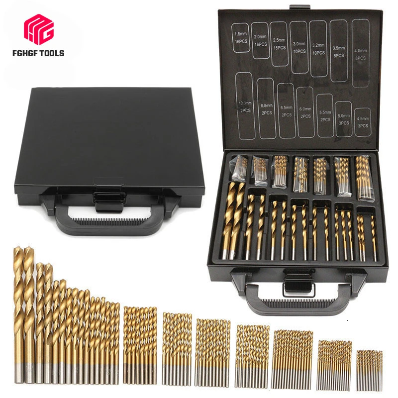 

FGHGF 99pcs 1.5-10mm Top Quality Titanium Coated HSS Twist Drill Bits Set And Case Plastic Wood Metal Drilling Tool Kit Box