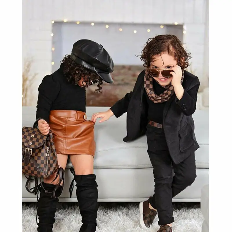 Clothes Girl Winter Fashion Warm Outfit Sweet Kids Long Sleeve Knitted Black Sweater Tops brown Leather Skirt Clothes set