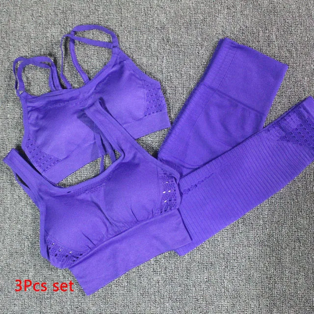 Purple 2pcs set 3 шт Женский бесшовный Набор для йоги одежда для фитнеса спортивная одежда мягкий пуш-ап спортивный бюстгальтер+ леггинсы с высокой талией спортивный костюм - Цвет: Purple 2pcs set