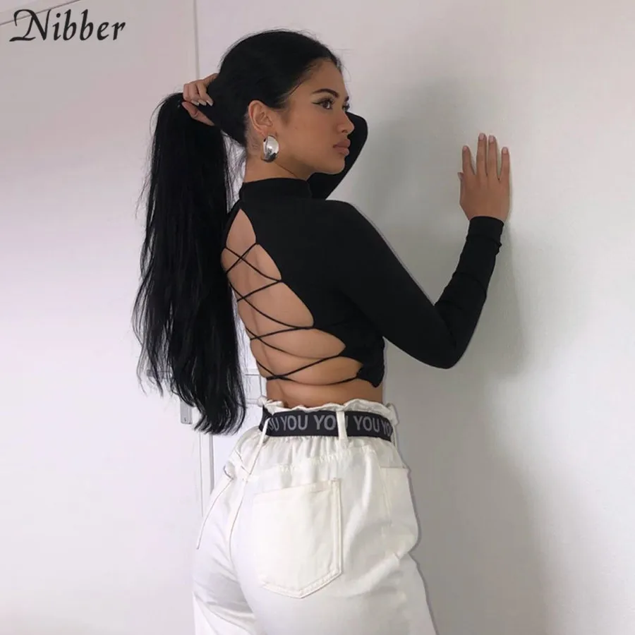 NIBBER street style sexy backless hollow out Bandage top slim turtleneck t-shirt crop top2019autumn  trend full sleeve tee femme