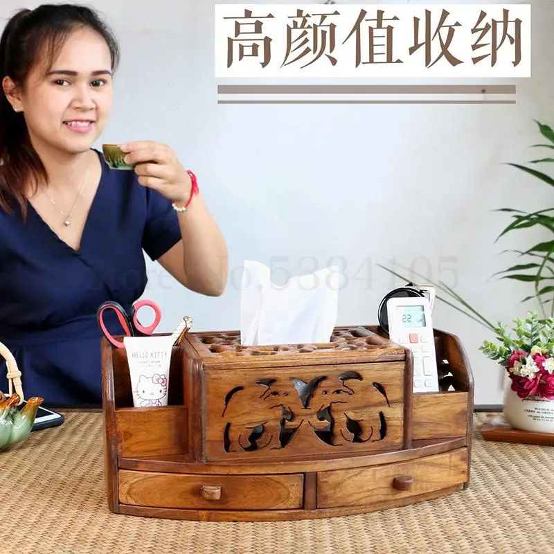 Thai Imported High-end Multi-functional Solid Wood Tissue Boxes Living Room Bedroom New Chinese Retro Wooden Cartons