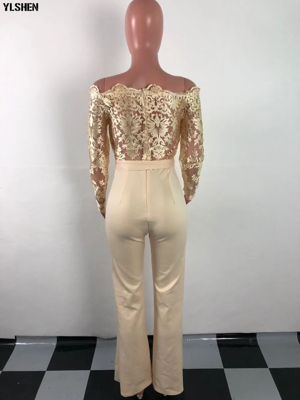 Women Jumpsuit Sexy Lace Ladies Jumpsuits Party Casual Wide Leg Overalls Off Shoulder Long Sleeve Romper Skinny Rompers Trousers 38