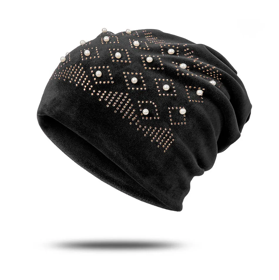 Новинка, женская зимняя шапка, роскошная бархатная теплая шапка Skullies Beanies, Женская Повседневная яркая шапка с жемчугом, женская шапка