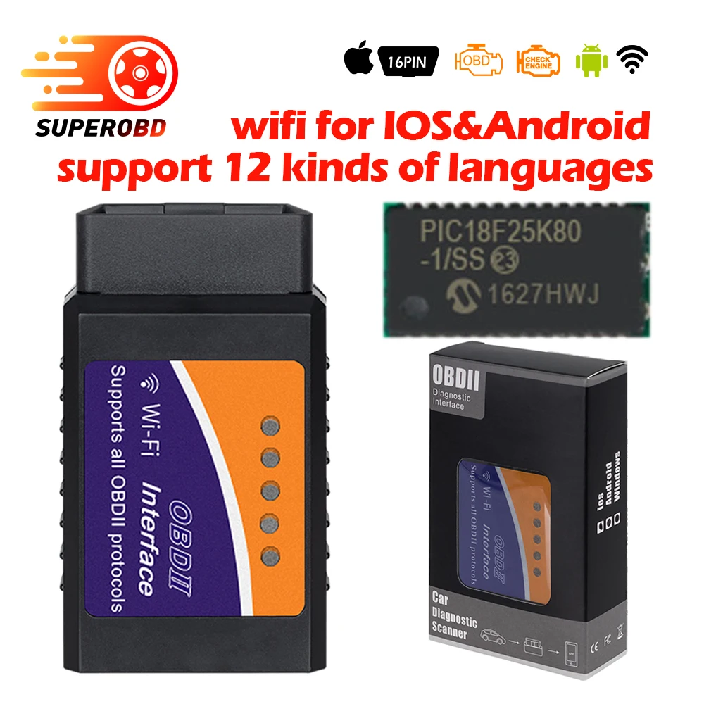 Новый ELM327 WiFi с чипом PIC18F25K80 OBD2 диагностический инструмент для IPhone/Android/ПК ELM 327 V1.5