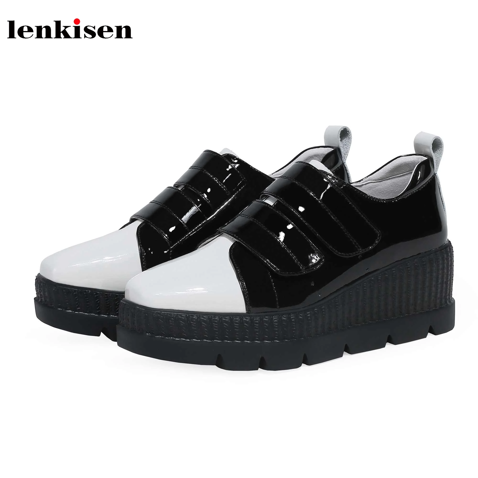 

Lenkisen cow leather hook loop mixed colors preppy style round toe high heels thick bottom autumn women vulcanized shoes L1f7