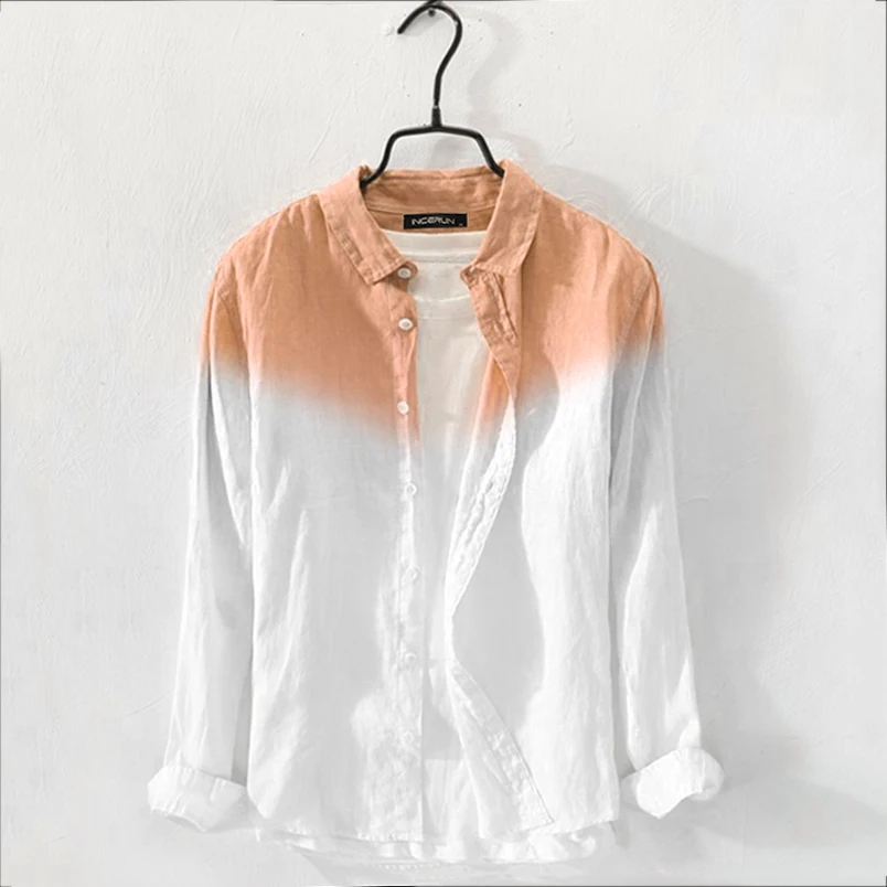 Orange Shirt INCERUN, модная мужская рубашка, окрашенная, градиентная, хлопковая блуза с длинным рукавом, воротник с лацканами, уличная одежда, повседневные брендовые рубашки для мужчин - Цвет: Orange Shirt