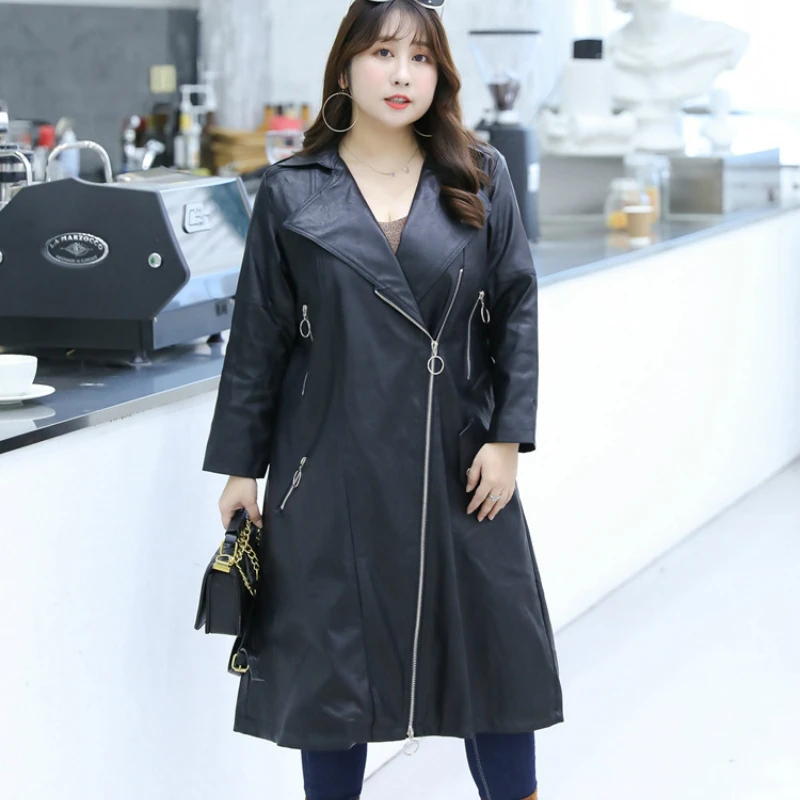 

Autumn Winter PU Leather Trench Coats Zipper Pockets Long Trench Women Clothing Long Sleeve Windbreaker T8888