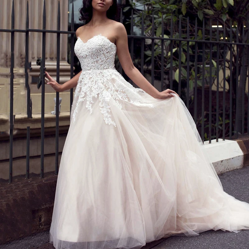 

Angel married Strapless Wedding Dresses Lace Applique Champagne Wedding Dress vestidos de noivas Custom Made Bridal Gowns