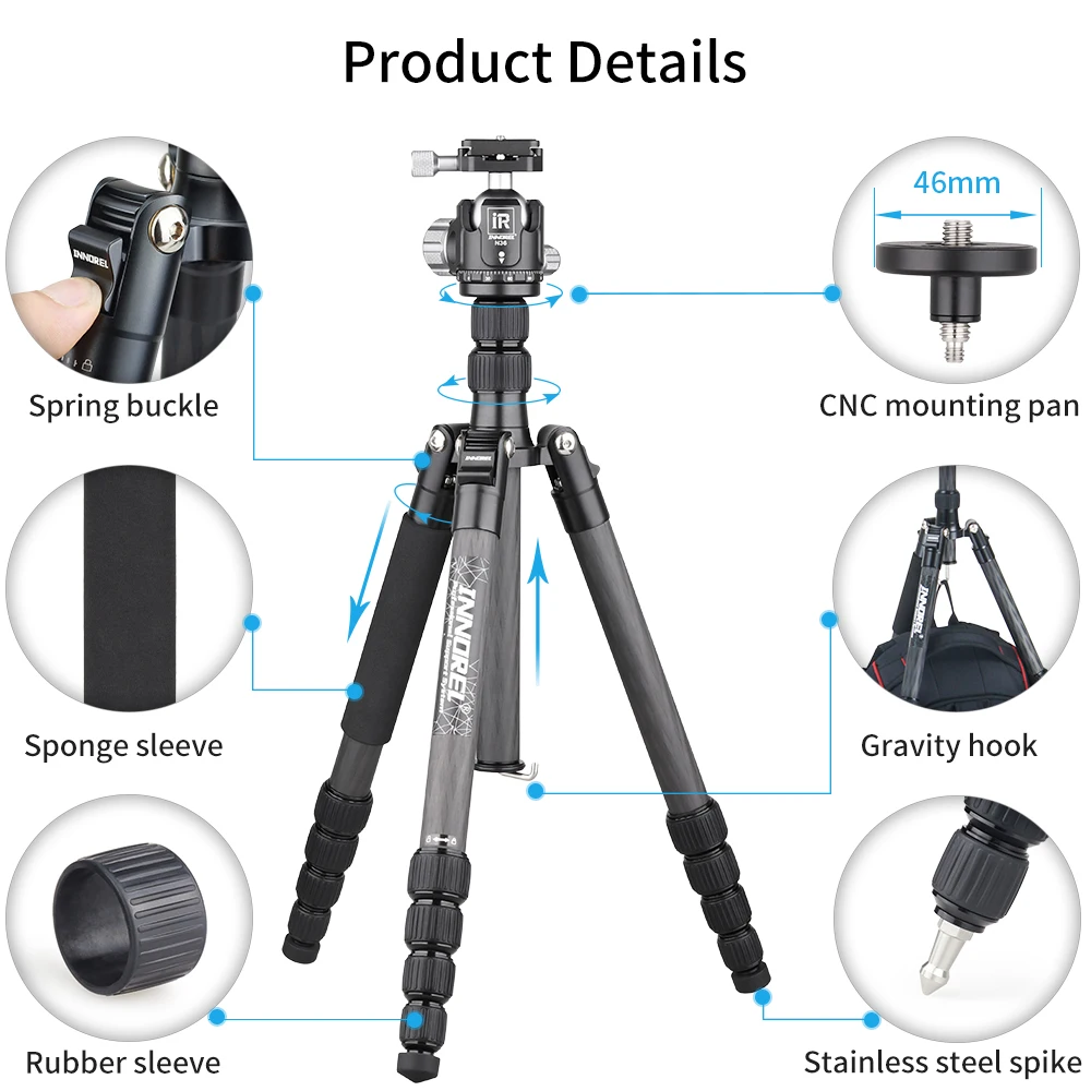 INNOREL 10 Layers Carbon Fiber Travel Tripod Portable Monopod with Panoramic Low Gravity Center Ballhead for DSLR Camera Video