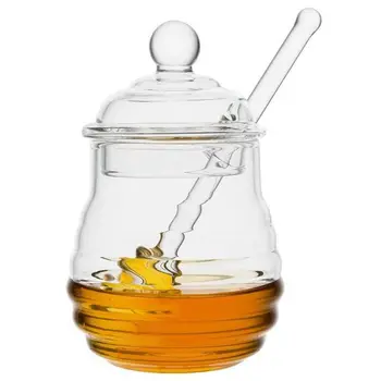 

New Transparent glass honey jar with lid Honey Jar with Dipper, Clear, 9 Ounces