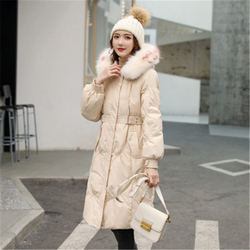 2020 New Long Winter Down jacket Women over the knee Thick big fur collar Hooded belt Slim white duck down Warm Jacket W261 | Женская