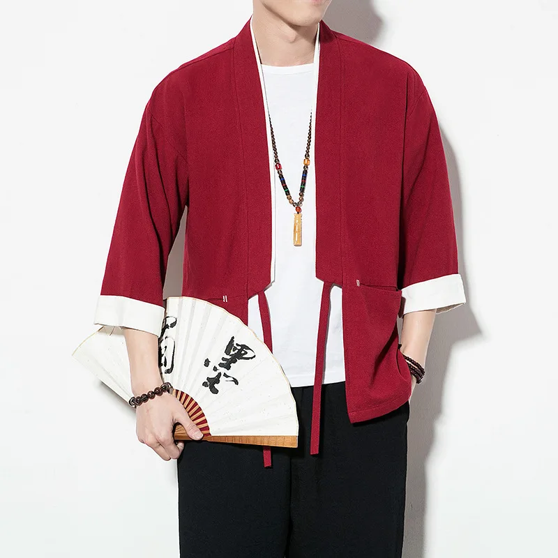Японская Мужская рубашка Haori винтажное хлопковое льняное свободное кимоно Топ Блузка Классическая самурайская Повседневная куртка с косплейным принтом солнцезащитный кардиган