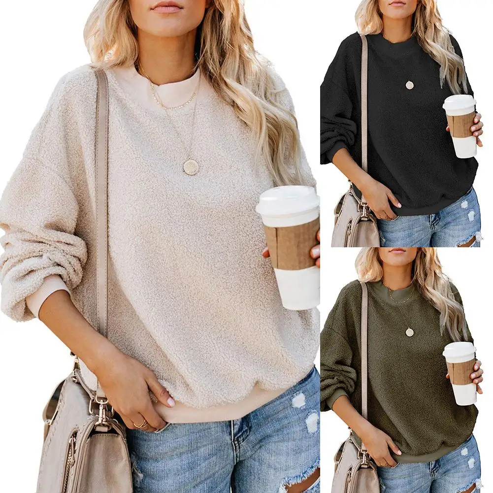 

Casual Winter Women Sweatshirt Solid Color Fuzzy Loose Sweatshirt Round Neck Long Sleeve Pullover For Women Clothings