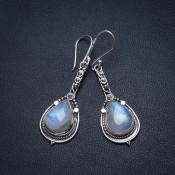 

Natural Rainbow Moonstone Handmade Boho 925 Sterling Silver Earrings 2" T5214