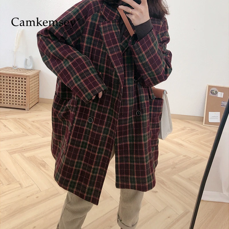 CamKemsey длинные шерстяные пальто женские осенние зимние толстые теплые хлопковые стеганые винтажные клетчатые свободные длинные шерстяные пальто