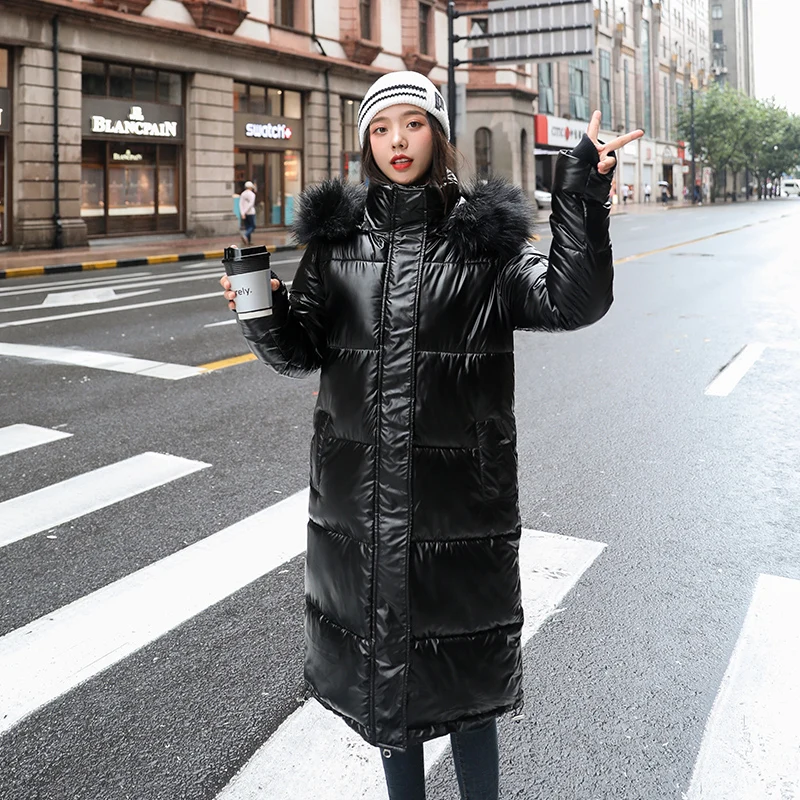 Черный FICUSRONG Новые Глянцевые зимние теплые утолщенные пальто из искусственного меха Серебряный пуховик Куртка Паркера пальто женское длинное пальто парки женские - Цвет: Черный
