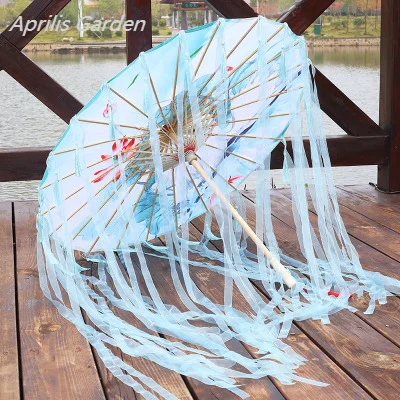 New Bamboo Oiled Paper Umbrella Women Tassels Yarn Ribbon Hanfu Umbrella Woman Parasol  Retro Performing Japanese Chinese Style 3
