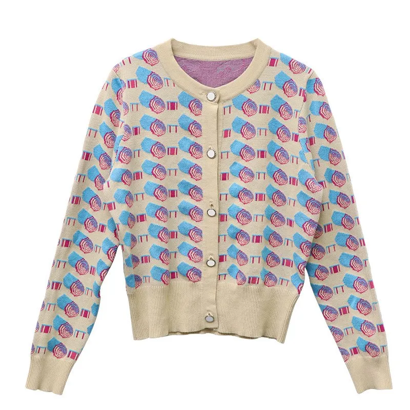 Quality Beading Umbrella Pattern Women Sweater Fashion V-Neck Single-Breasted Casual Style Elegant Lady Knitted Cardigans C2082