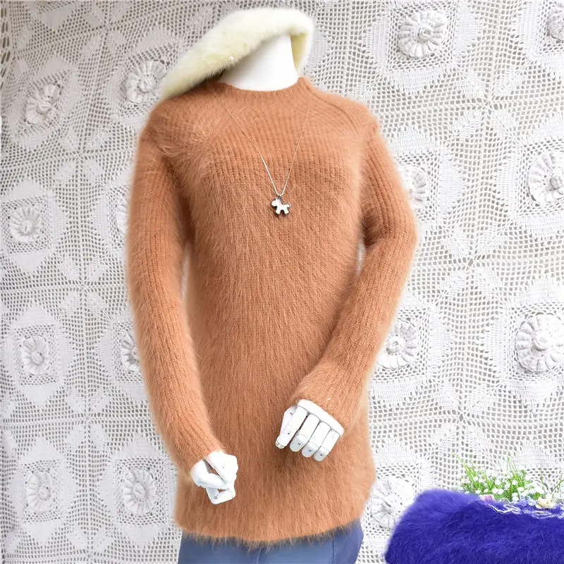 Топ mujer femme Тонкий теплый натуральный Ангорский Кролик Мех круглый вырез с длинными рукавами базовый пуловер свитер норки кашемировые блузки зима - Цвет: Body72cm chest84cm