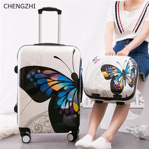 14inch and 20inch CHENGZHI 2" 24 дюймов бабочка чемодан на колёсиках набор колеса для женщин Дорожный чемодан Spinner большой емкости кабина сумка на колесиках - Цвет: 14inch and 20inch