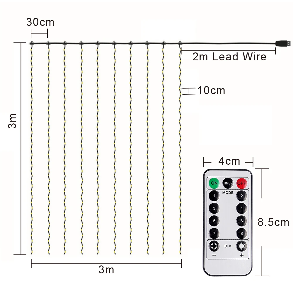 3*3 M 300 LEDs String Fairy Light USB Led Icicle String Lights with Hook Up for Garland Christmas Wedding Window Decoration