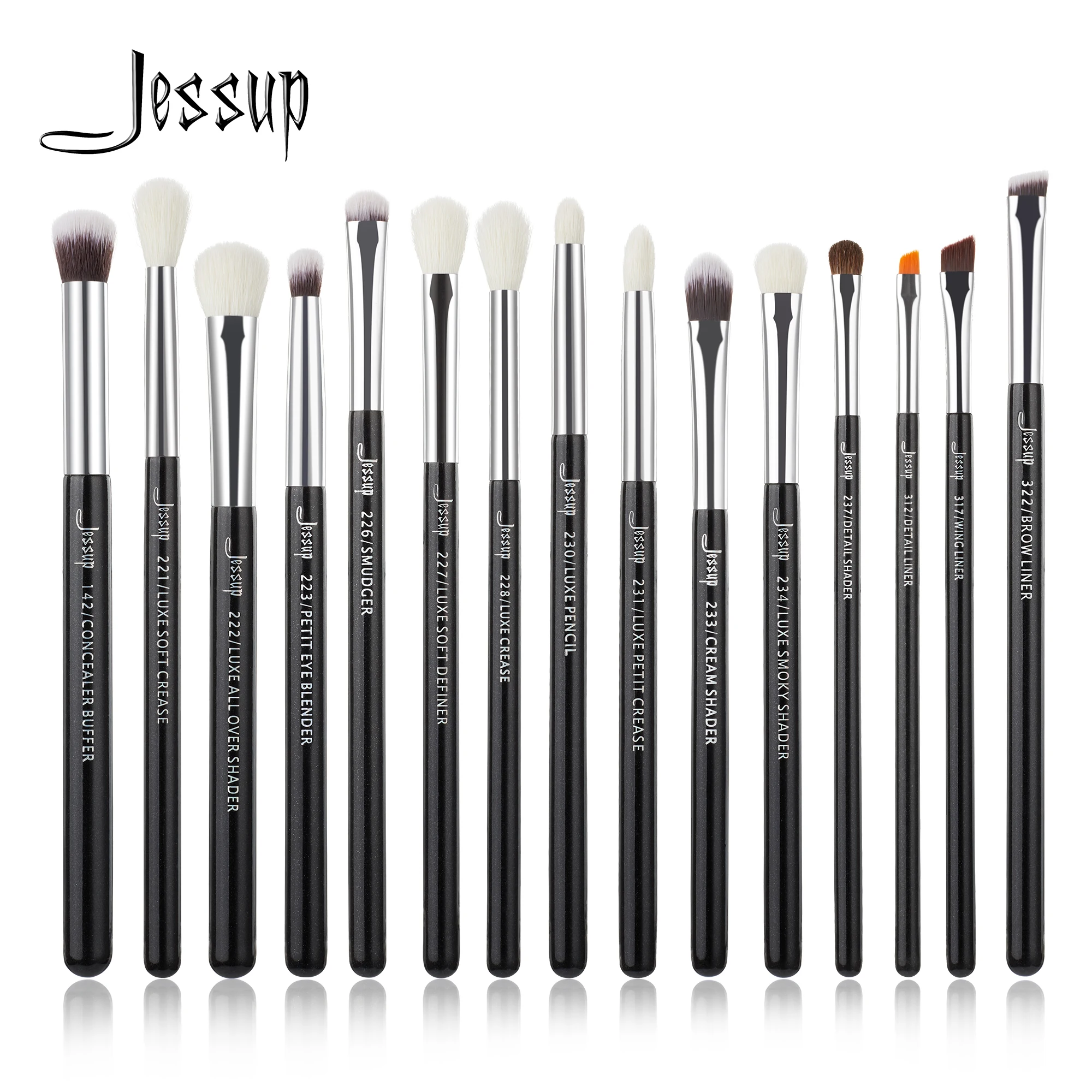 Jessup Makeup Brushes Set Eyeshadow Eye Blending Brow Liner Concealer Brush 15pcs Black/Silver Shader Synthetic Goat Hair 1