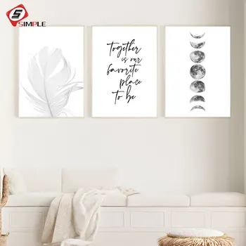 

Scandinavian Style Feather Poster Black and White Canvas Painting Moon Phase Wall Picture For Living Room Nordic Above Bed Decor