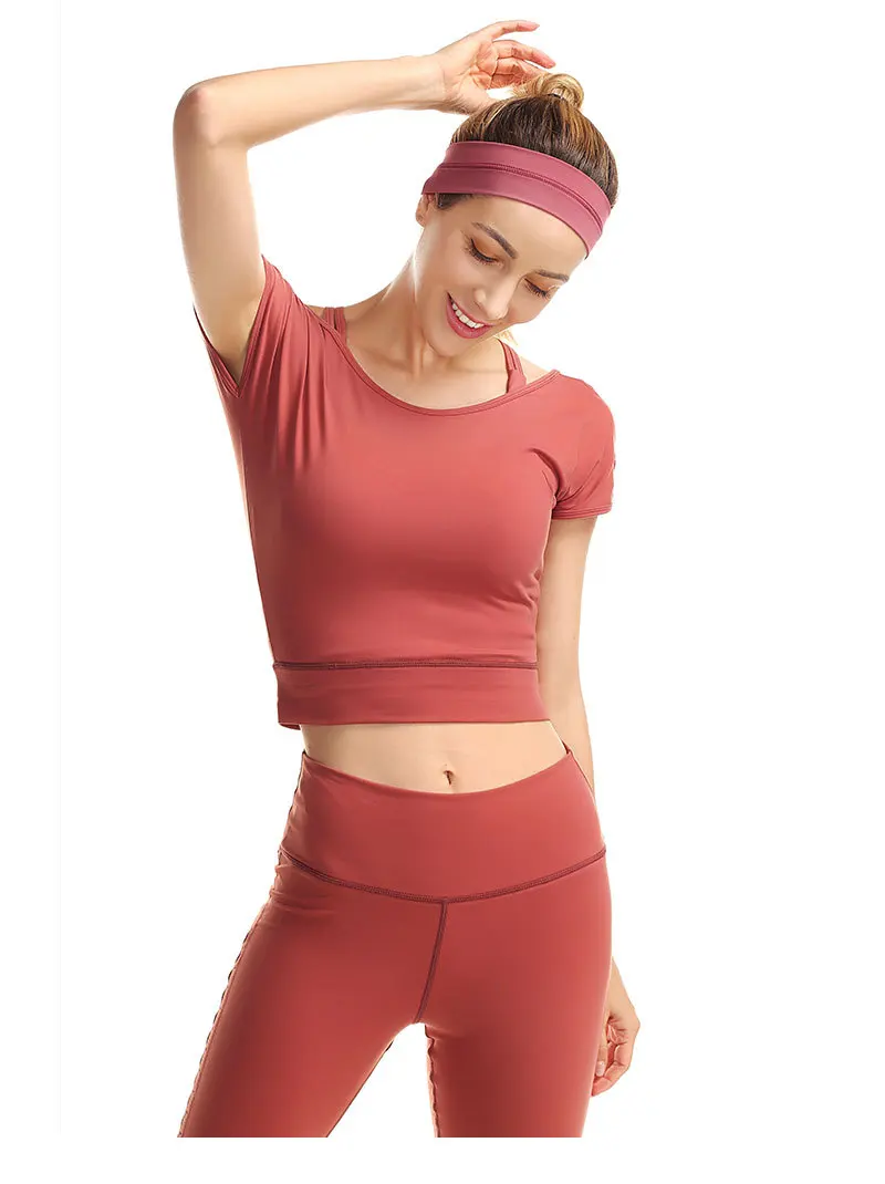 Autumn new lady blouse women feel beautiful back running fitness suit side shoulder jujube short sleeves Gym Shirt Vest