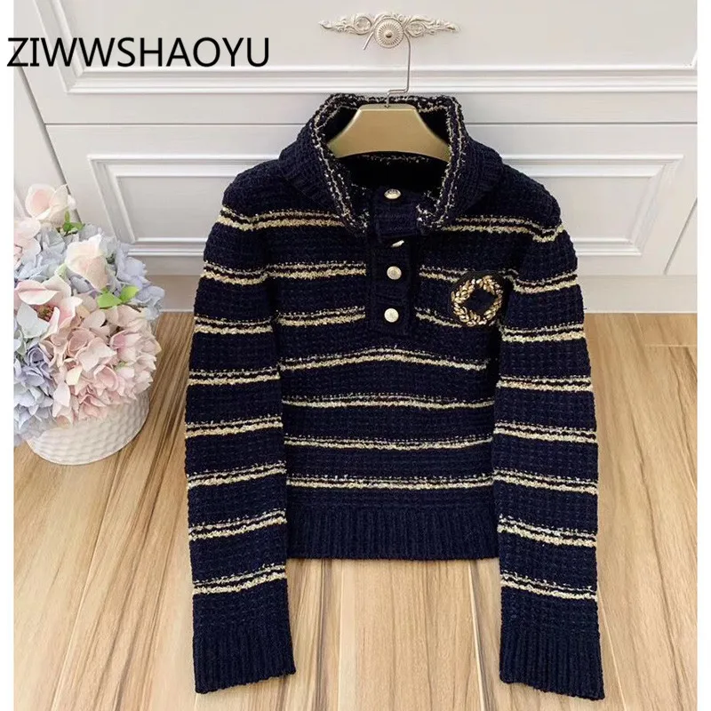 

ZIWWSHAOYU Fashion Women Winter Stripe Gold Line Knitting Pullover Long Sleeve Fashion Designer Sweater Jumper