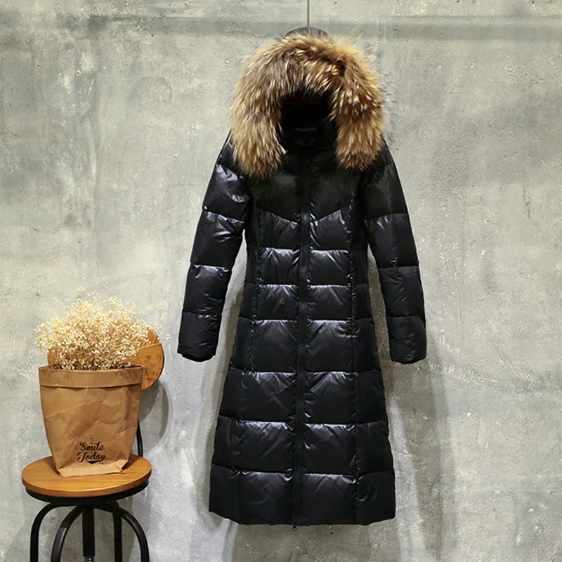 Jaqueta Feminina Inverno зимняя куртка Женская Толстая черная серая куртка на утином пуху воротник из меха енота длинные парки куртка пальто C3737