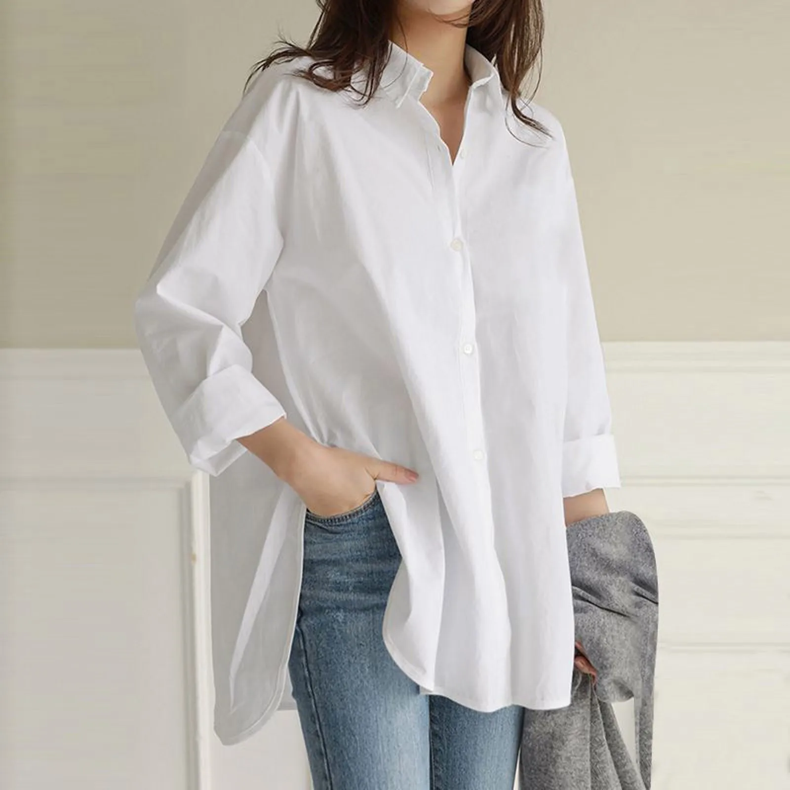 Linen Shirt Women With Silk Oversized Long Sleeve Shirt Button