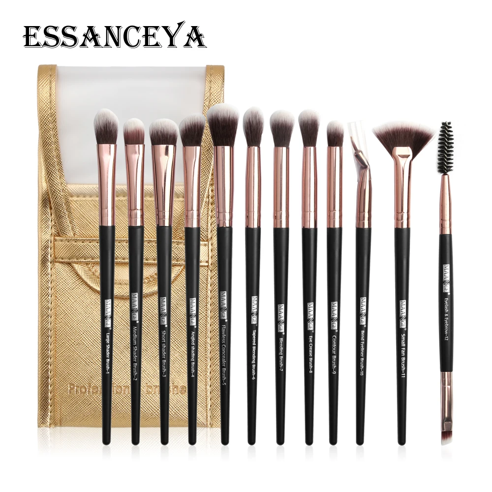 12pcs with bag ESSANCEYA, 12 шт., набор профессиональных кистей для макияжа, тени для век, подводка для глаз, ресницы, синтетические волосы, косметический набор, кисти для макияжа с сумкой - Handle Color: 12pcs with bag