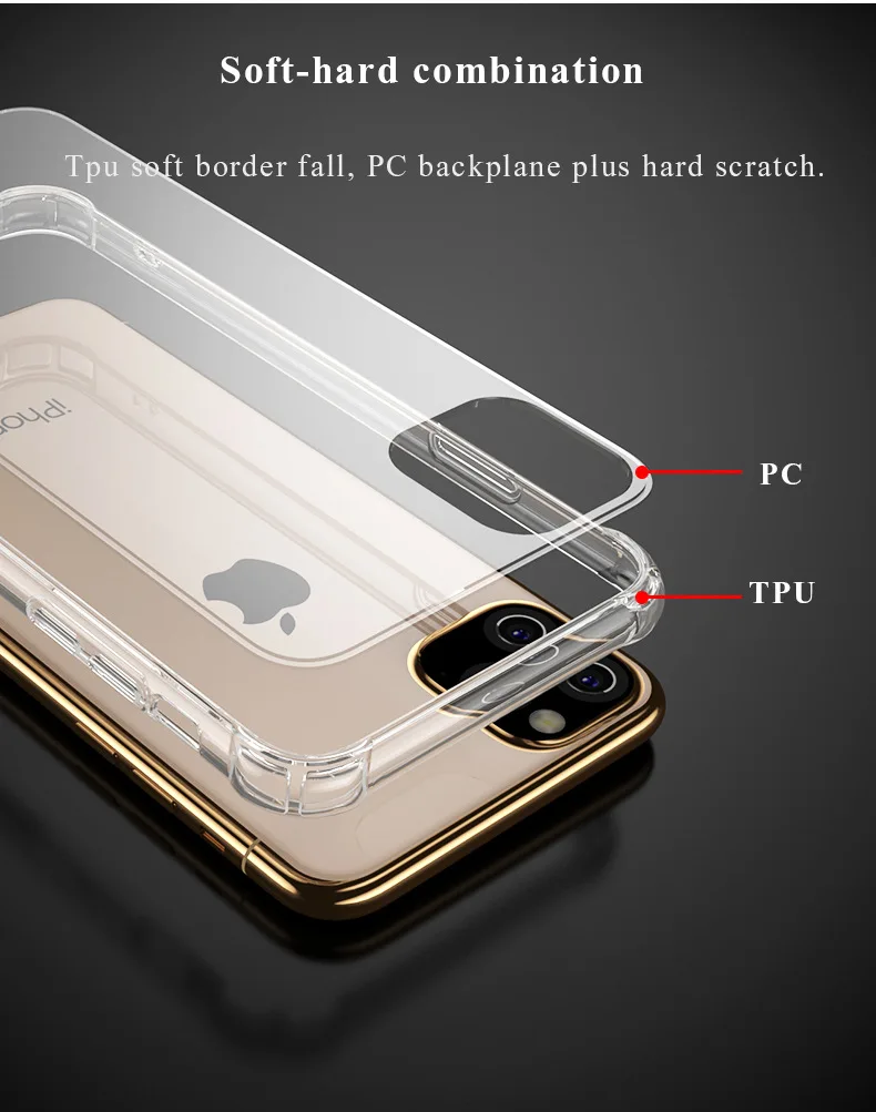 Для iPhone 11 Pro Max чехол из прозрачного ТПУ высокого класса мягкий силиконовый Жесткий PC задняя панель противоударный чехол для iPhone 11 Pro Max Coque