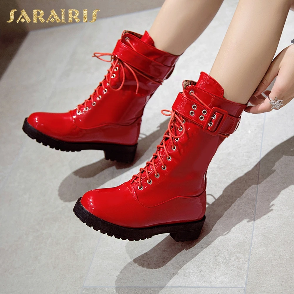 

Sarairis new arrivals 2019 Big Size 43 Chunky Heels Mid Calf Boots Woman Shoes Lace Up Platform Shoes Women Boots