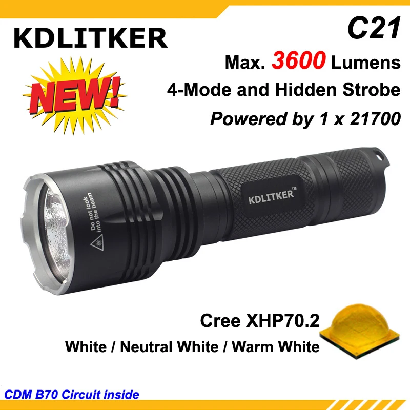 KDLITKER C21 Cree XHP70.2 3600 Lumens 5-Mode LED Flashlight - Black ( 1x21700 )