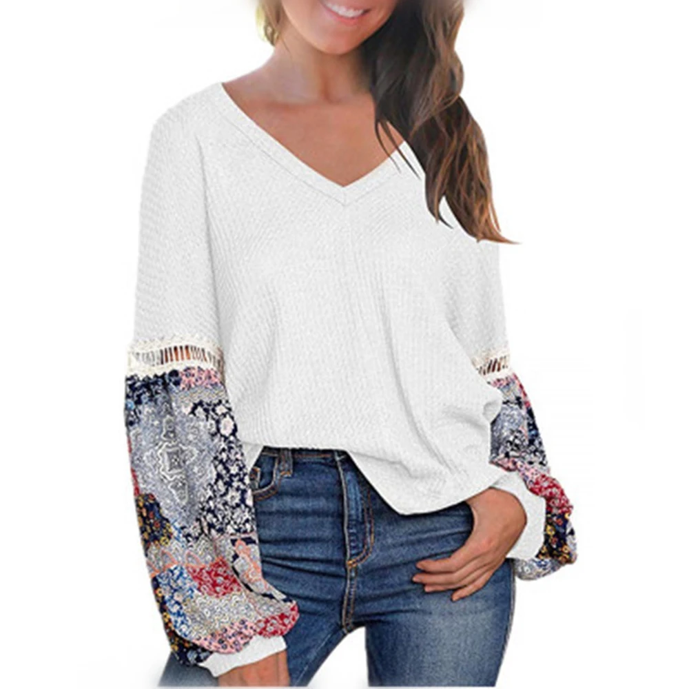 LOOZYKIT Autumn Winter Shirts Patchwork Women Long Sleeve Bohemian Knit Yoga Shirts Casual O Neck High Low Ladies Loose Tops - Color: White