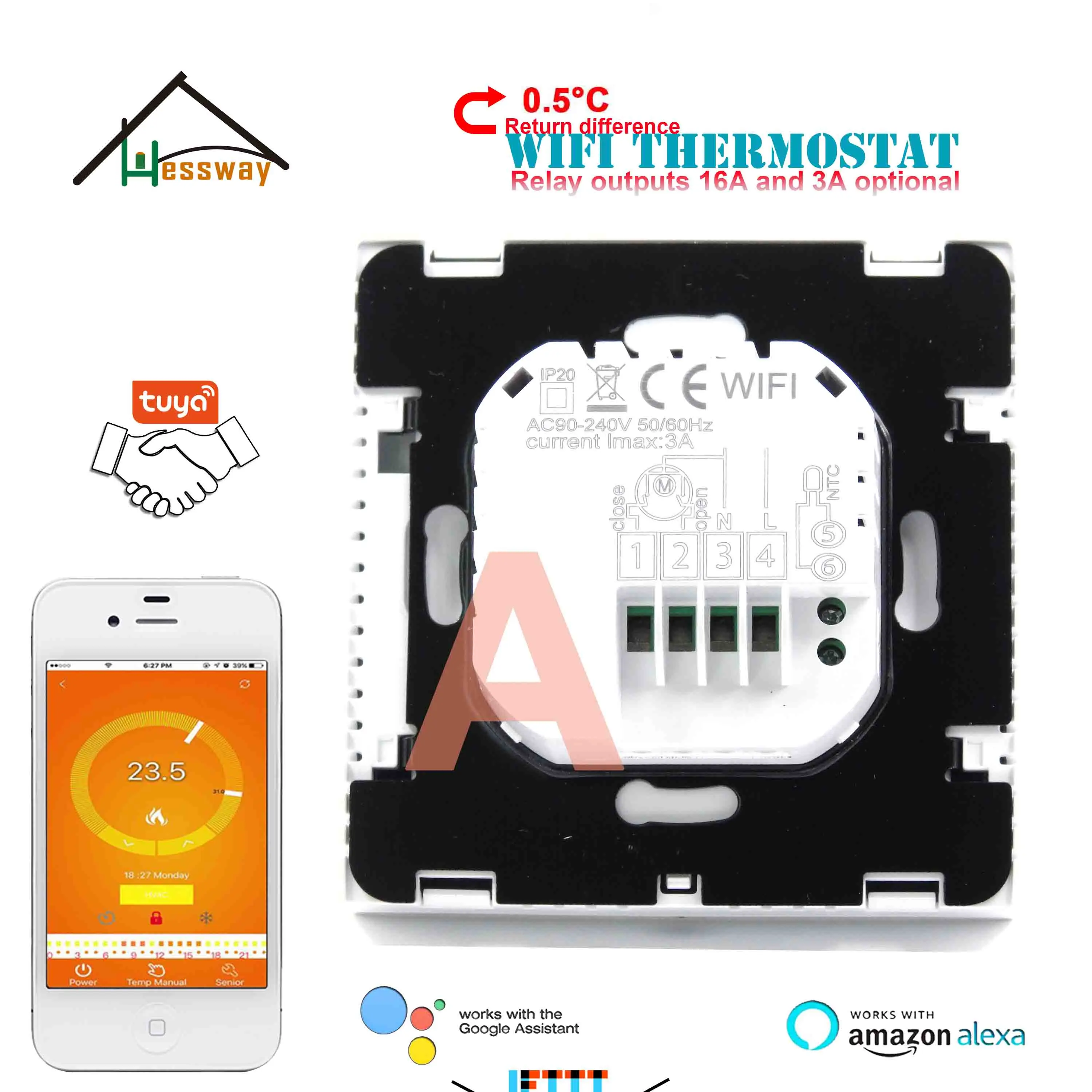 HESSWAY Radiant Floor Heating TUYA WIFI THERMOSTAT for 3A/16A Relay switch