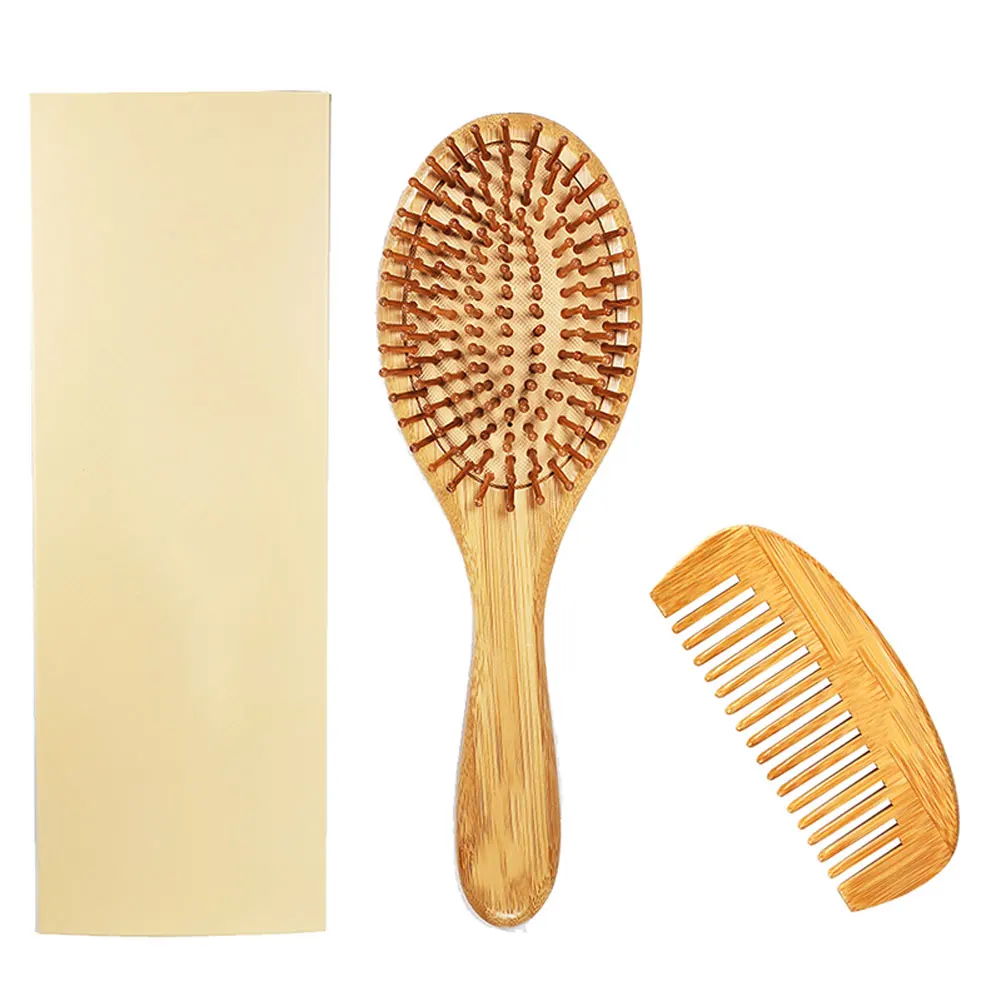 High Quality 2pcs Bamboo Hair Paddle Detangling Brush Set Wooden Massage Comb for Men Women Kids