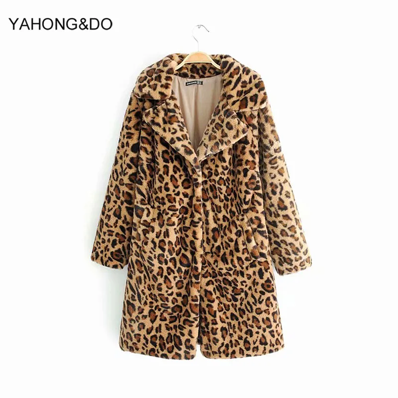 

2019 Faux Fur Coat Women Warm Outwear turn-down collar sexy leopard printed pocket long cardigans Women Winter thick long Coat