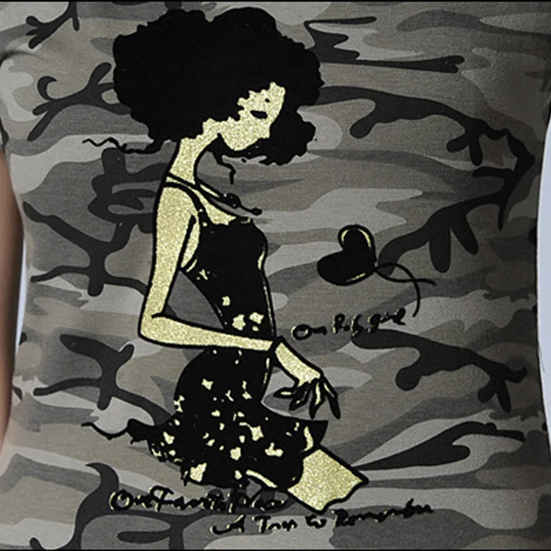 Летняя женская военная камуфляжная футболка с вышивкой, одежда, повседневные Стрейчевые хлопчатобумажные армейские камуфляжные топы, женская футболка
