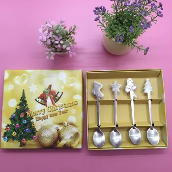 

4 PCS Mini Christmas Stainless Steel Coffee Tea Kids Spoon Teaspoon Tableware GHS99