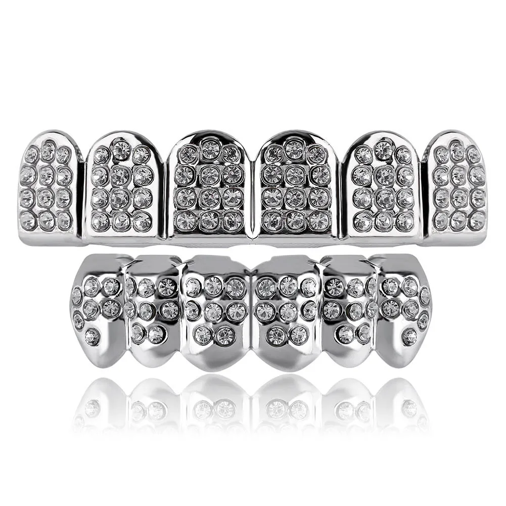Silver GUCY хип-хоп золотые зубы решетки сверху и снизу Iced Out Bling Grillz стоматологические блестящие Рот Зубы шапки вечерние вампирский зуб Ювелирные изделия Вечерние - Окраска металла: Silver