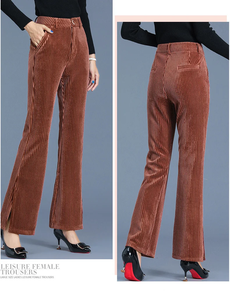 Женские зимние осенние вельветовые расклешенные брюки плюс размер 4XL черные коричневые брюки повседневные брюки на молнии штаны