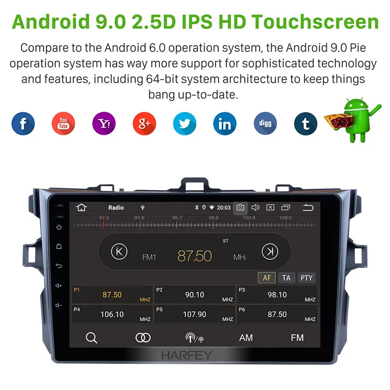Harfey " Android 9,0 Автомобильный gps мультимедийный плеер радио для Toyota COROLLA 2006-2011 1Din головное устройство в тире поддержка DVR OBD2 музыка