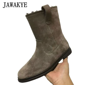 

Suede Leather Round toe Snow Boots Women real Wool Warm Boots Flat Heel Winter Shoes Woman Ankle Boots botas mujer