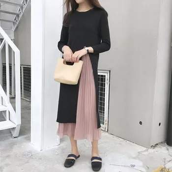 

Autumn O-Neck Midi Dresses Woman Fake Two Piece Vintage Dress Cascading Ruffle Patchwork Irregular Party Dresses