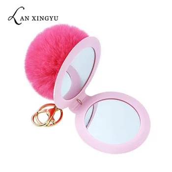

1Pcs 12 Color Cute Puff Ball There Mirror KeyChains Simple PU makeup mirror Kids woman small gift accessories